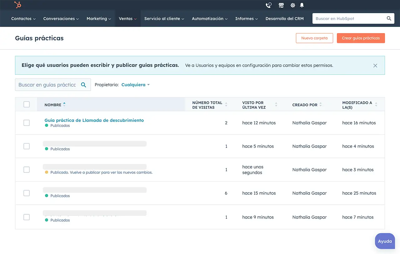 Captura del software de HubSpot donde se muestra una lista de las guías prácticas disponibles.